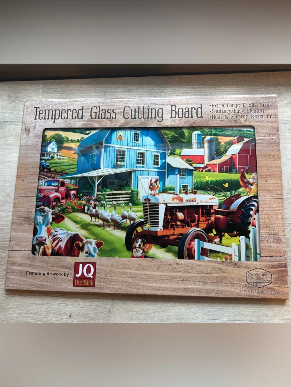Barn Yard Scene Tempered Glass Cutting Board 12”x16”. Farm Animals Scene.